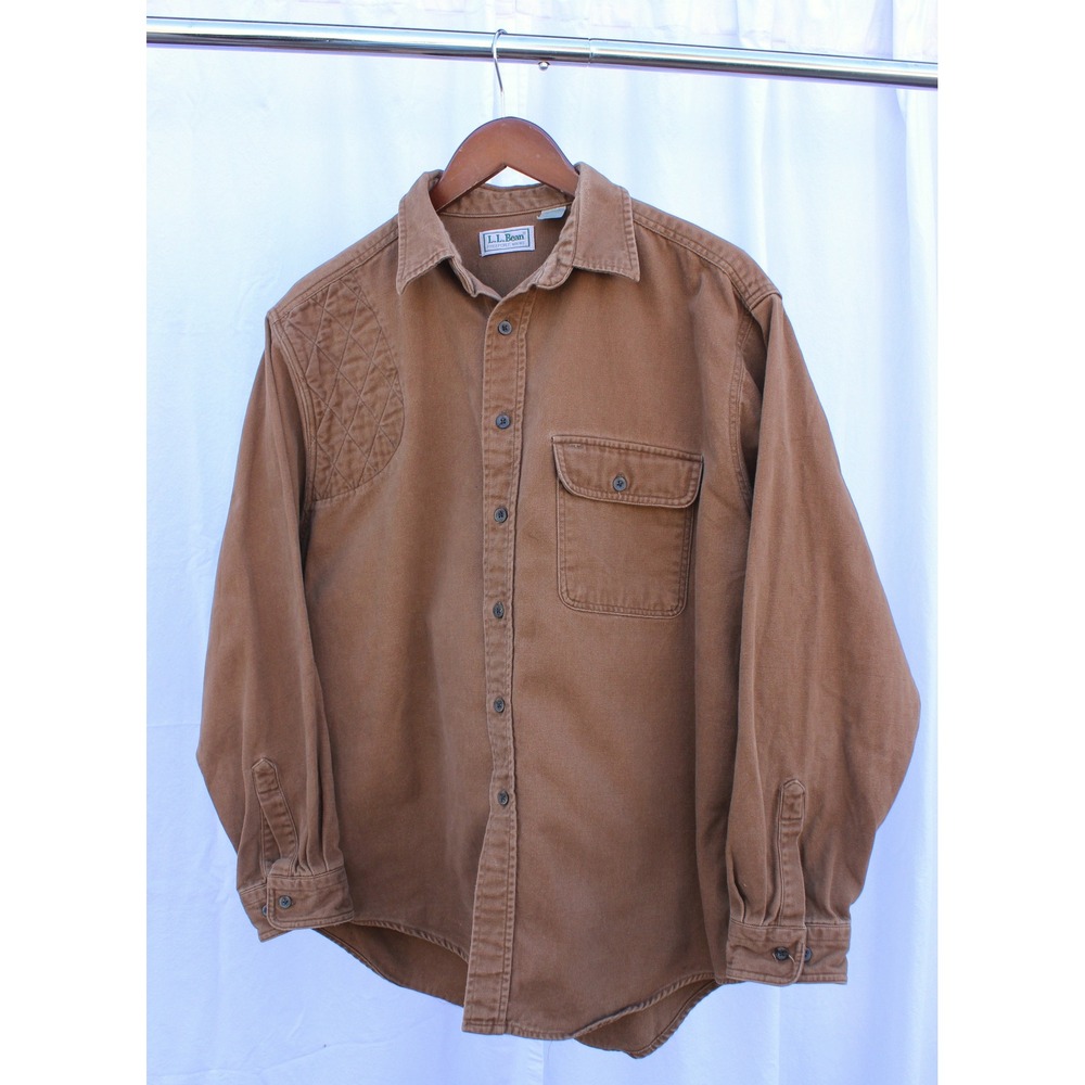 Vintage LL Bean Canvas Shooting Shirt Mens Large Brown Quilted Patch Made in USA